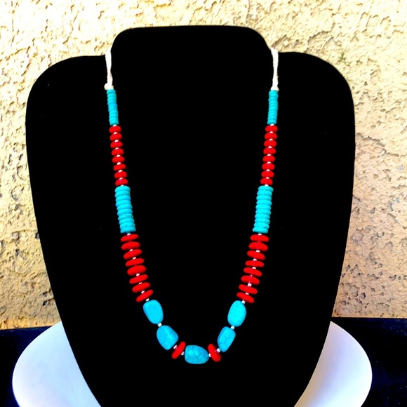Boho Stabilized Turquoise And Coral Bead Twine Necklace - Picture 4 of 6